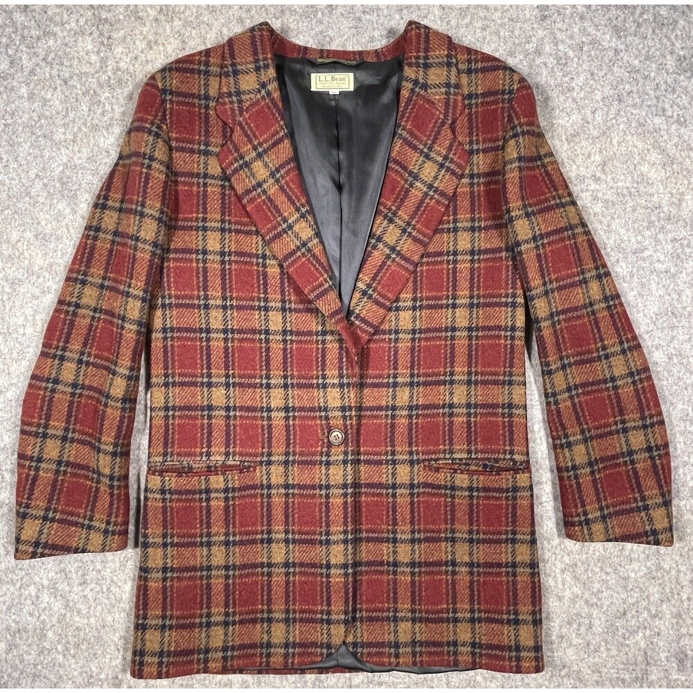 LL Bean Vintage 100% Wool Blazer Jacket Size 8R Red/Navy/Gold Lined Made In USA